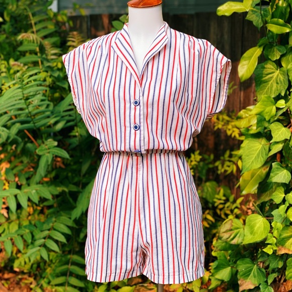 SOLD 1980s Red White & Blue Cap Sleeve Romper - Picture 4 of 9